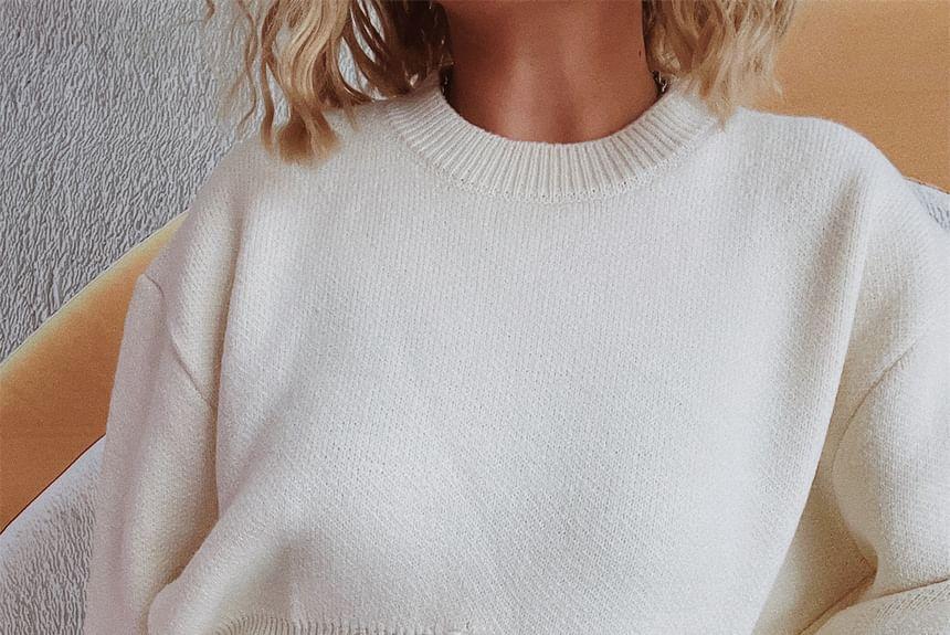 Round Neck Plain Zip Slit Crop Sweater Product Image