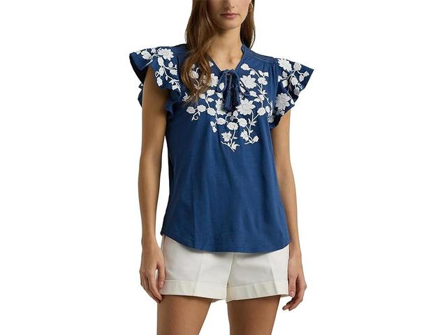 Lauren Ralph Lauren Floral-Embroidered Jersey Tie-Neck Top (Indigo Dusk/White) Women's Clothing Product Image