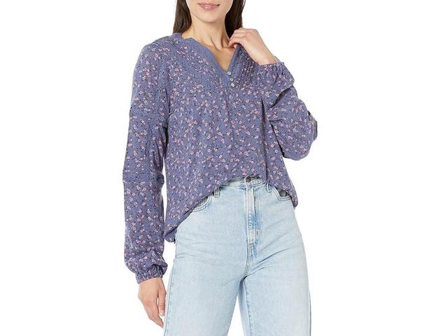 Lucky Brand Printed Inset Lace Long Sleeve Peasant Top (Blue Multi) Women's Clothing Product Image