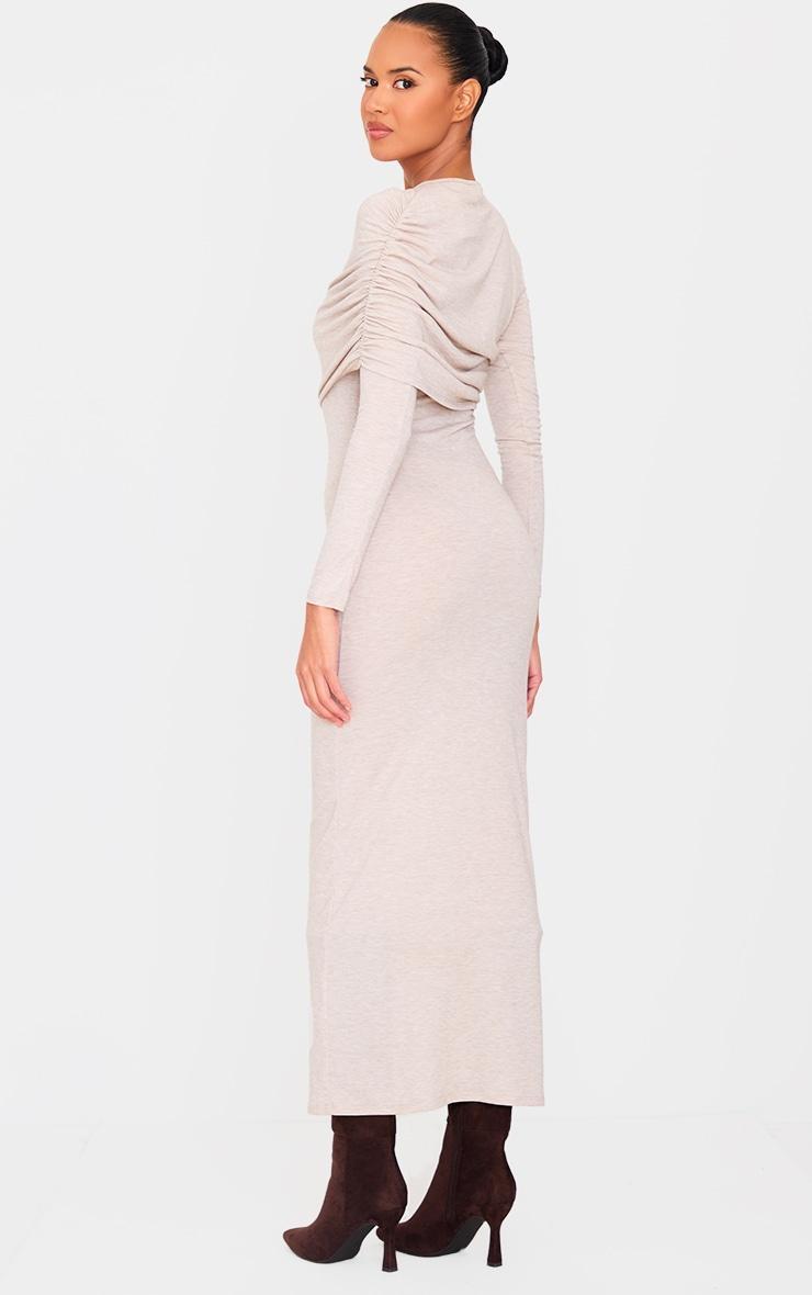 Oatmeal Ruched Overlay Long Sleeve Maxi Dress Product Image