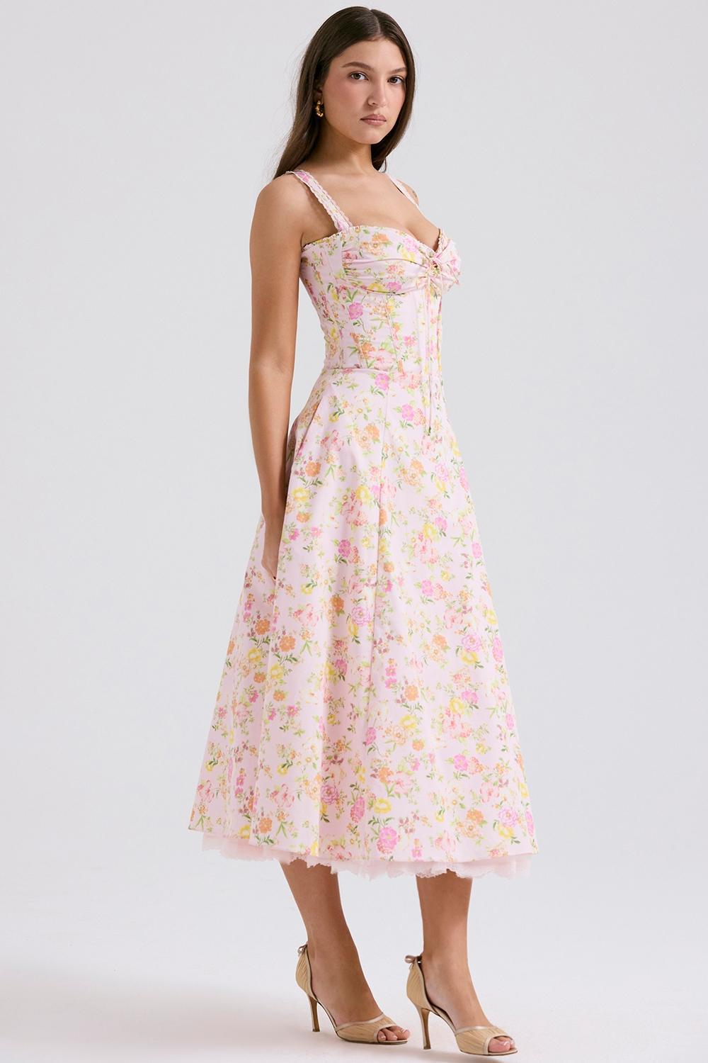 Rosalee Pink Meadow Print Cotton Bustier Sundress Product Image