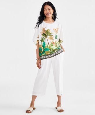 Jm Collection Womens Linen Blend Palm Print Tunic Top Cropped Pants Created For Macys Product Image