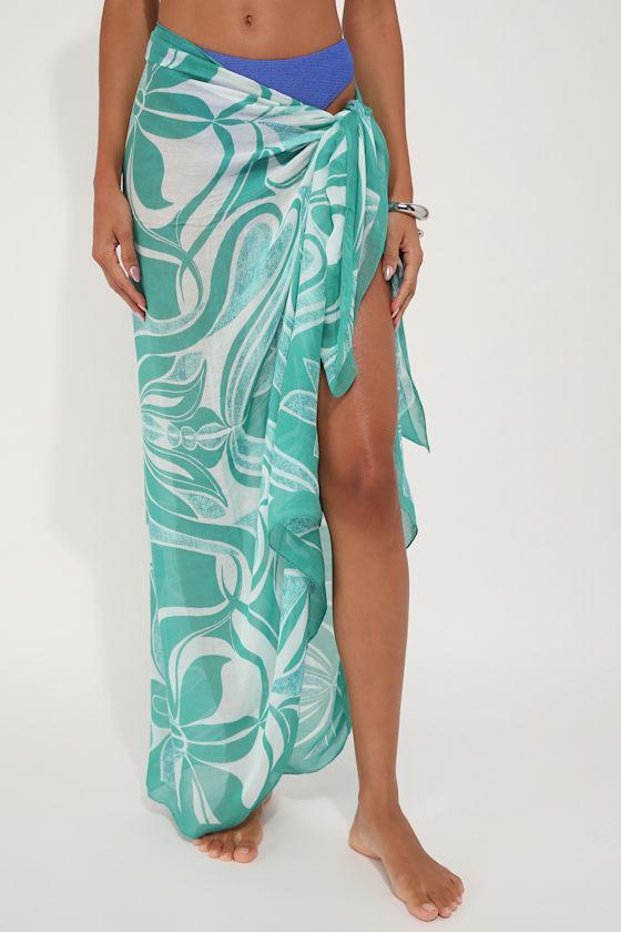 Tropical Darling Teal Green Abstract Floral Swim Cover-Up Sarong Product Image