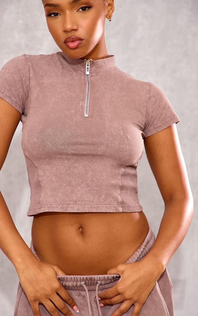  Taupe Washed Zip Up Rib Panel Top Product Image