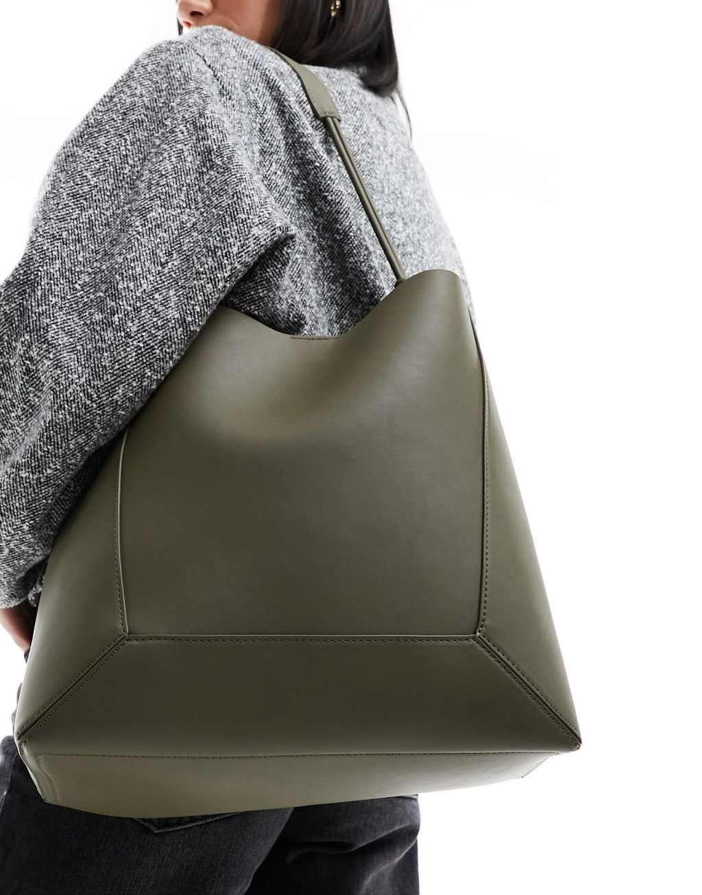 ASOS DESIGN panelled tote bag with knot handle in khaki Product Image