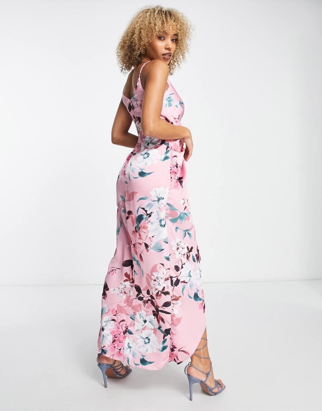 Liquorish cami strap satin wrap maxi dress in dusky pink floral Product Image