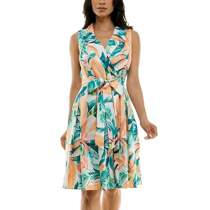 Womens Nina Leonard Floral Print Tie Waist Collared Sleeveless Fit & Flare Dress Product Image