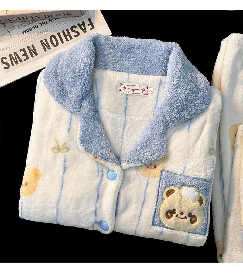 Pajama Set: Bear Applique Jacket + Pants Product Image