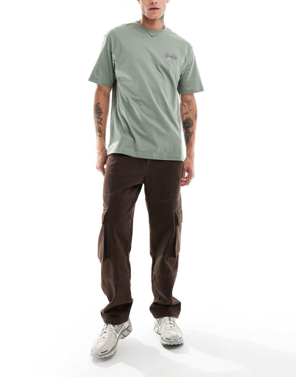 ONLY & SONS relaxed T-shirt with noodles back print in khaki Product Image