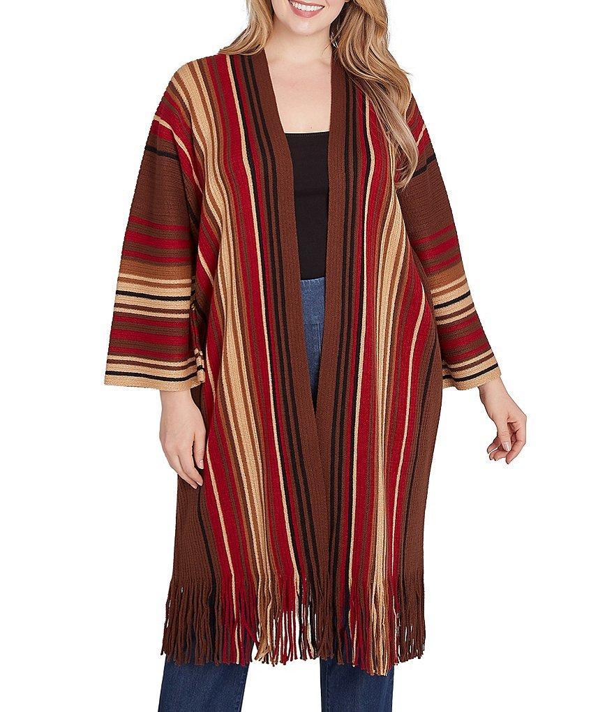 Ruby Rd. Plus Size Sweater Knit Multi-Stripe Print Bracelet Sleeve Open-Front Fringed Hem Cardigan Product Image