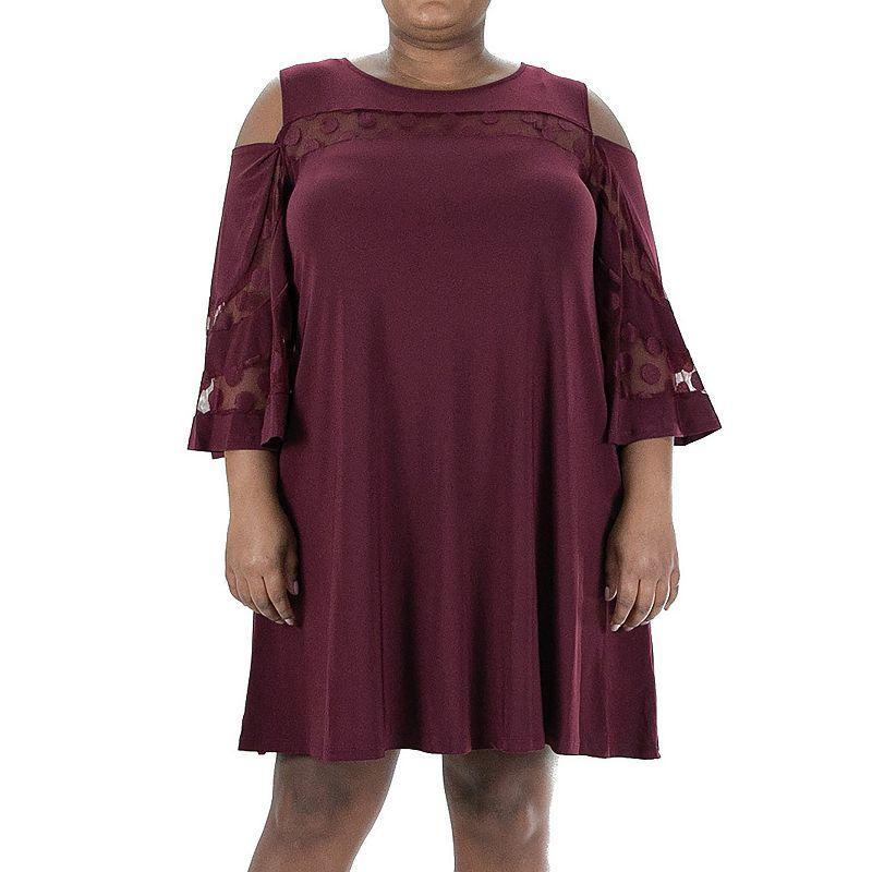 Plus Size Nina Leonard Mesh Yoke Cold-Shoulder Swing Dress, Womens Deep Red Product Image