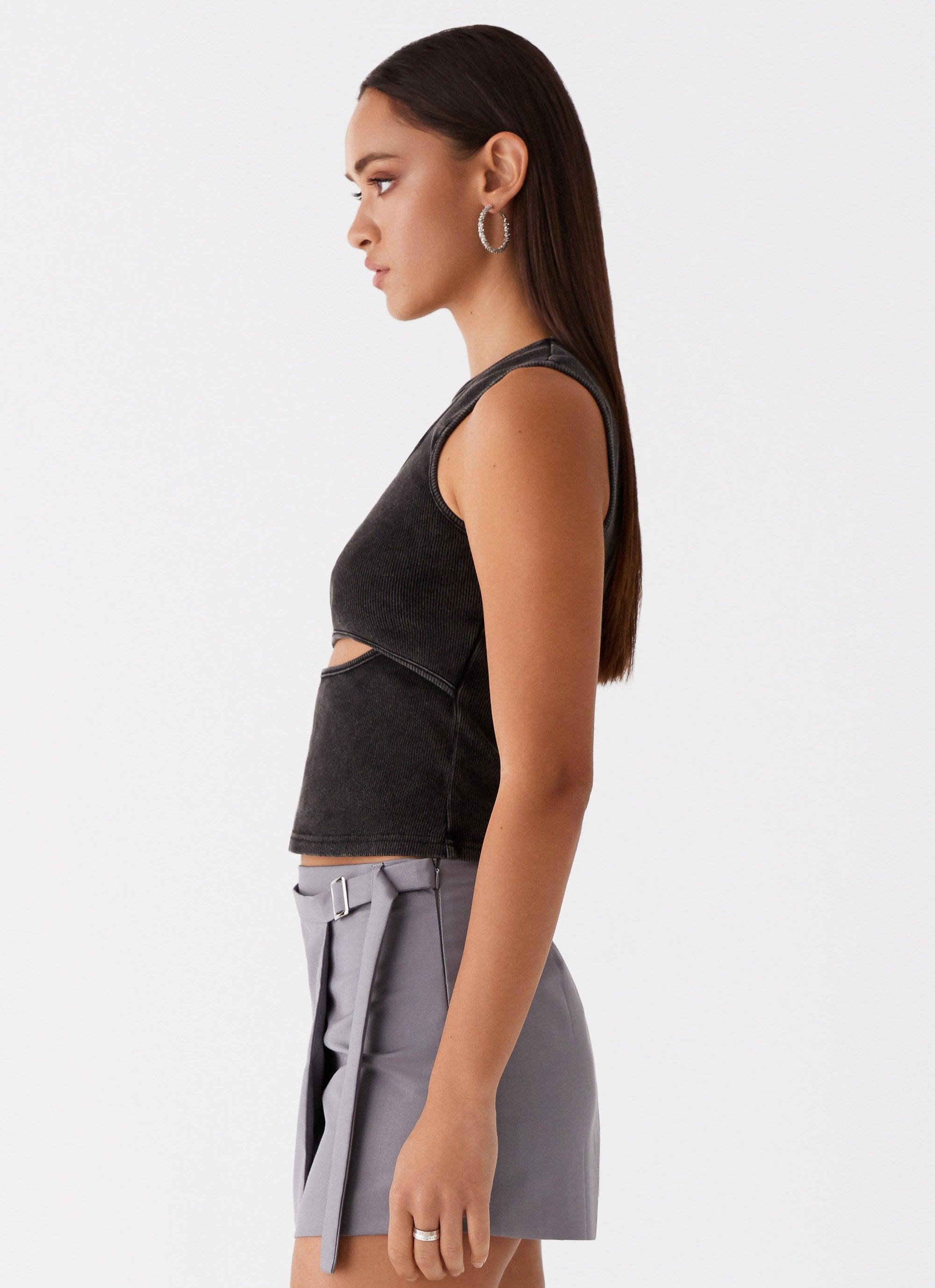 Beyond Cut Out Ribbed Top - Charcoal Product Image