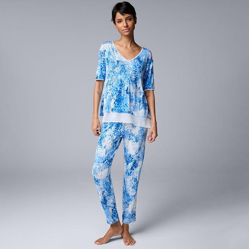 Womens Simply Vera Vera Wang Short Sleeve V-Neck Top & Cropped Pants Pajama Set Product Image