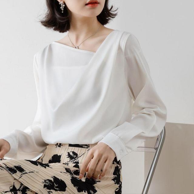 Cowl Neck Long Sleeve Plain Blouse Product Image