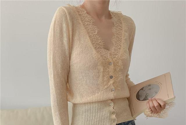 V-Neck Plain Lace Trim Cardigan Product Image