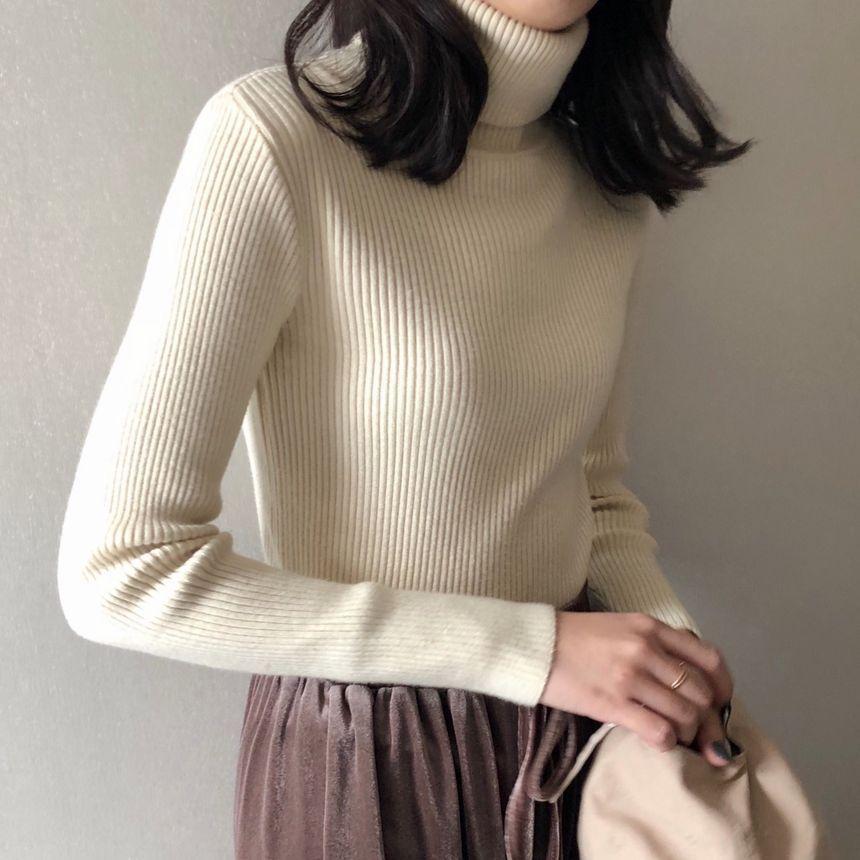 Long-Sleeve Turtleneck Plain Slim Fit Knit Top Product Image