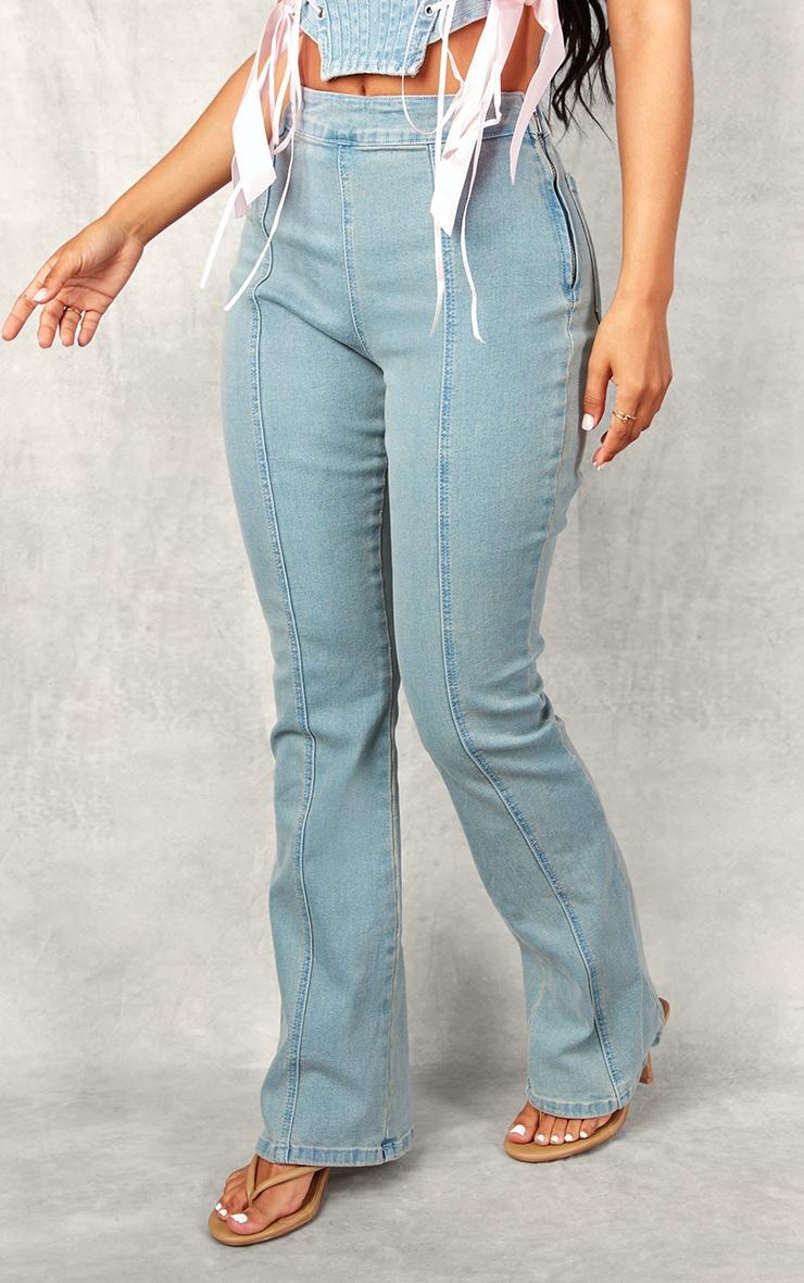 Petite Mid Blue Wash Denim Flares With Ribbon Details Product Image