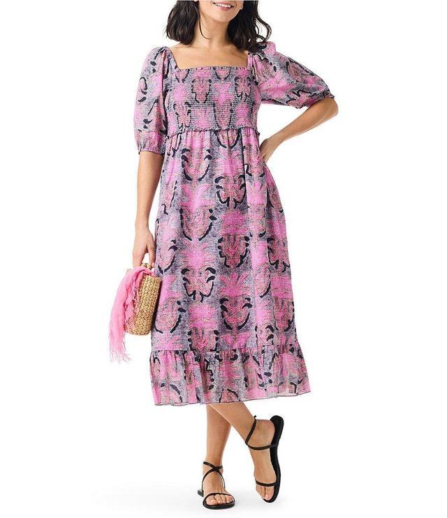 NIC + ZOE Petal Patch Floral Woven Square Neck Elbow Sleeve Ruffle A-Line Midi Dress Product Image