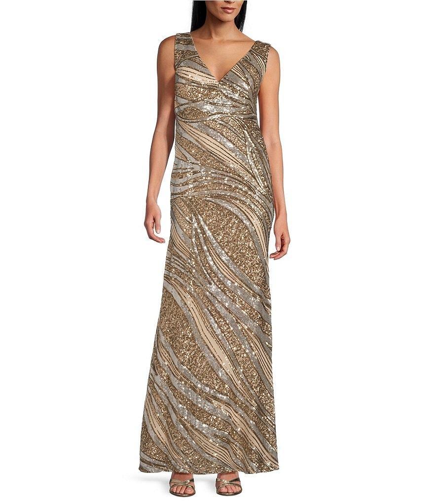 R & M Richards Sleeveless V-Neck Two Tone Sequin Gown Product Image