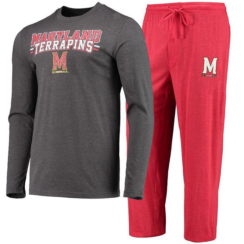 Mens Concepts Sport Red, Heathered Charcoal Maryland Terrapins Meter Long Sleeve T-shirt and Pants Sleep Set Product Image