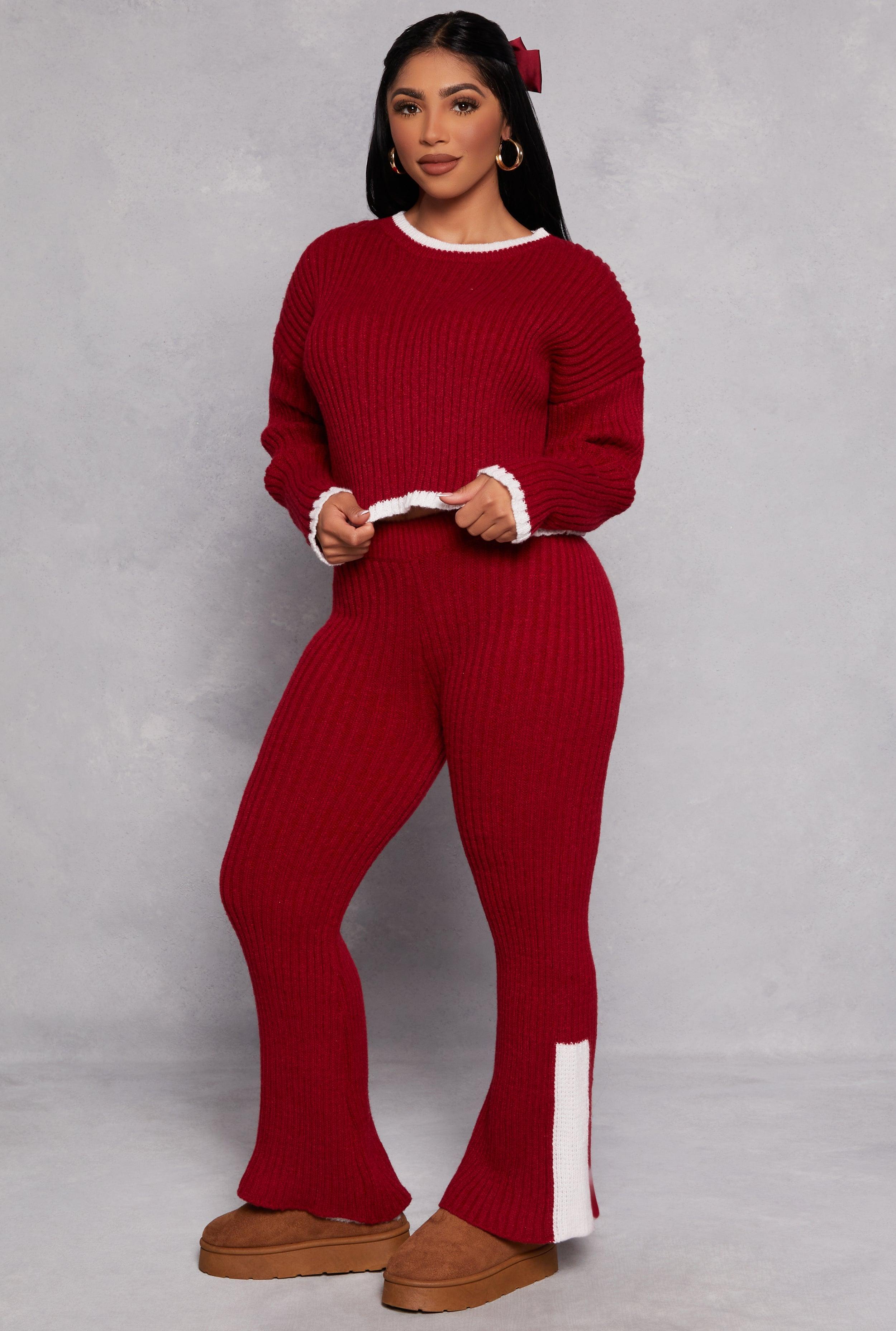 Womens Knit Contrast Stripe High Waist Flare Pants Product Image