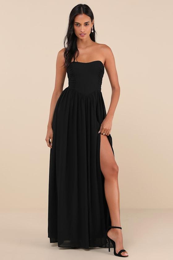 Luxe Favorite Black Strapless Ruched Maxi Dress Product Image