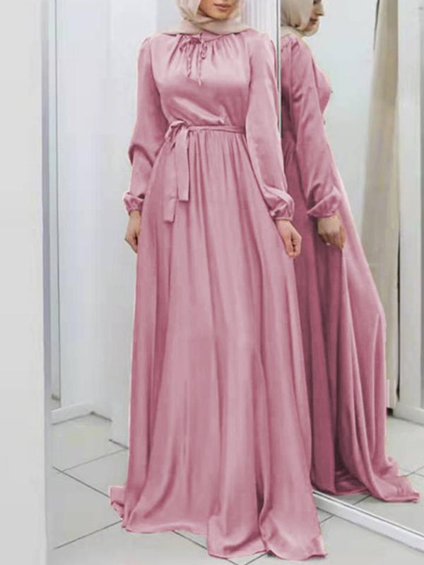 Long Sleeves Loose Pleated Solid Color Tied Waist Maxi Dresses Product Image