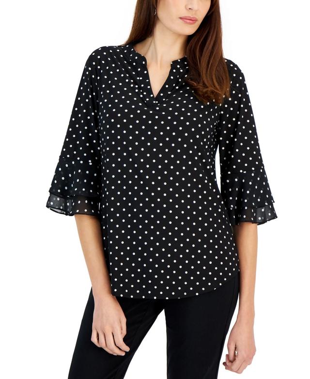 Kasper Womens Split-Neck Polka-Dot Flutter Sleeve Top - Black Product Image