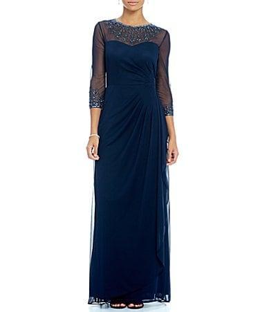 Alex Evenings Long Beaded Illusion Sweetheart Neck 34 Sleeve Ruched Dress Product Image