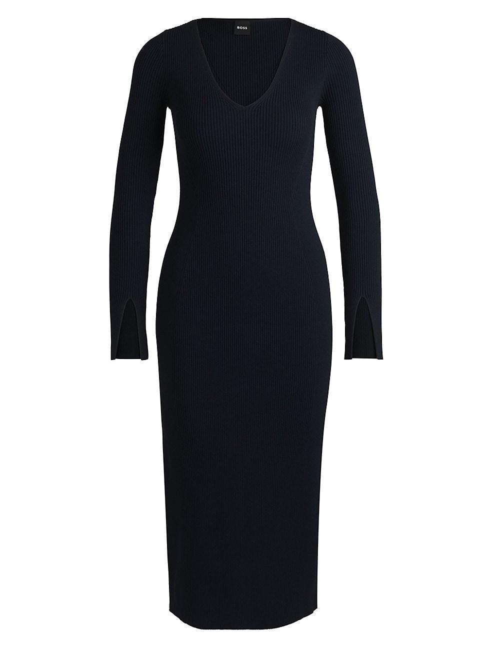 Womens Long-Sleeved V-neck Dress with Ribbed Knit Product Image