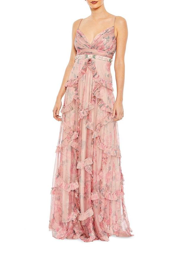 Womens Floral Bead-Embellished Ruffle Gown Product Image