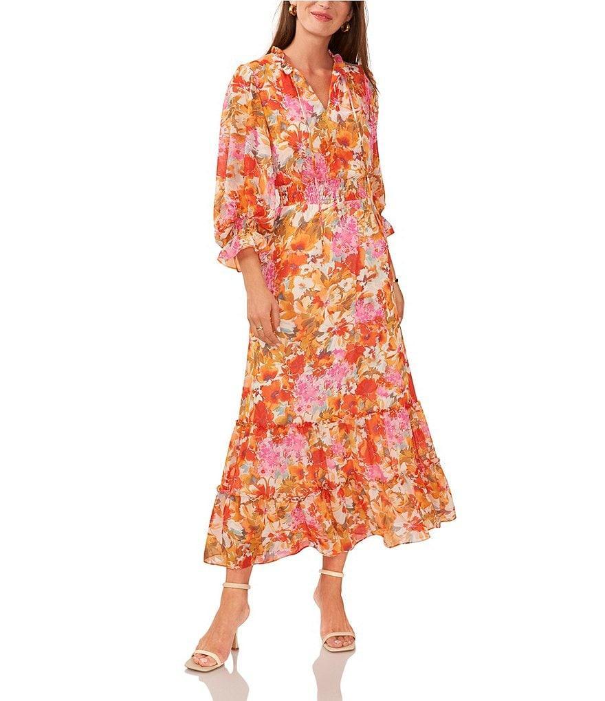 Vince Camuto Watercolor Floral Print Chiffon Split V-Neck Tie Front 3/4 Blouson Sleeve Smocked Waist A-Line Maxi Dress Product Image