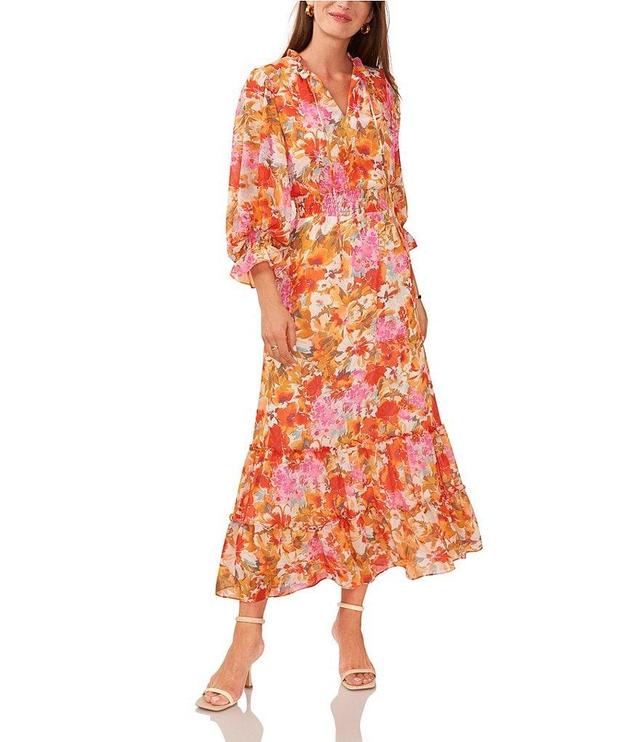 Vince Camuto Watercolor Floral Print Chiffon Split V-Neck Tie Front 3/4 Blouson Sleeve Smocked Waist A-Line Maxi Dress Product Image