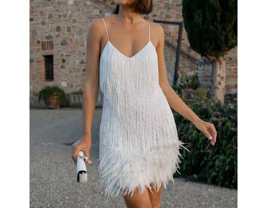 Spaghetti Strap V-Neck Fringe Feather Trim Mini A-Line Party Dress Product Image