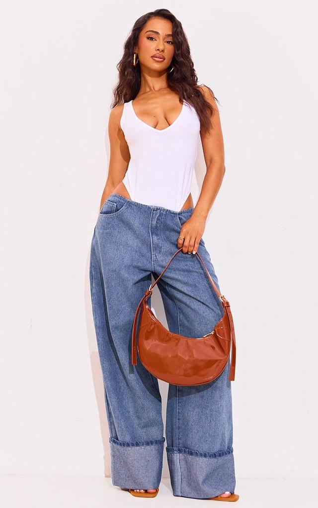 Petite Light Blue Wash Denim Turn Up Low Rise Wide Leg Jeans Product Image