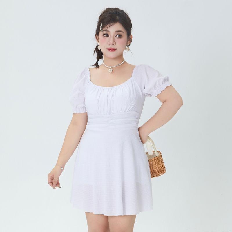 Short-Sleeve Off-Shoulder Plain Ruched Swim Dress Product Image