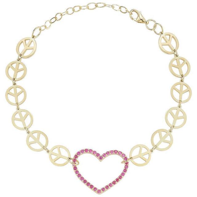 Sunkissed Sterling 14k Gold Over Silver Pink Cubic Zirconia Heart Peace Sign Bracelet, Womens Gold Tone Product Image