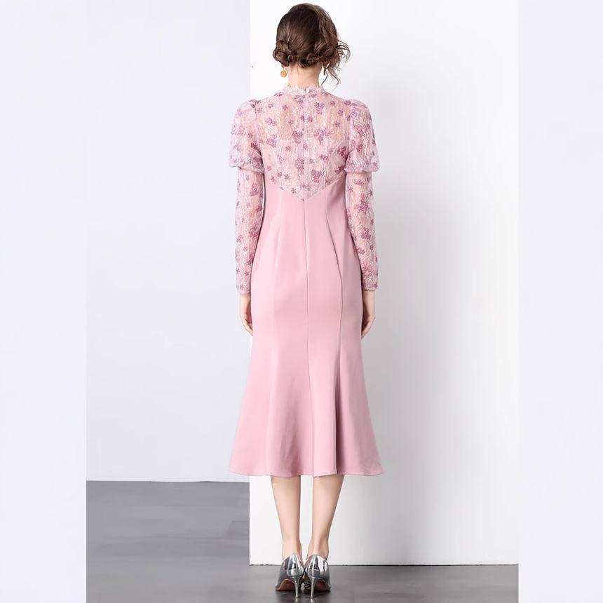 Long Sleeve Mock Neck Floral Patterned Keyhole Panel Lace Midi Mermaid Dress Product Image