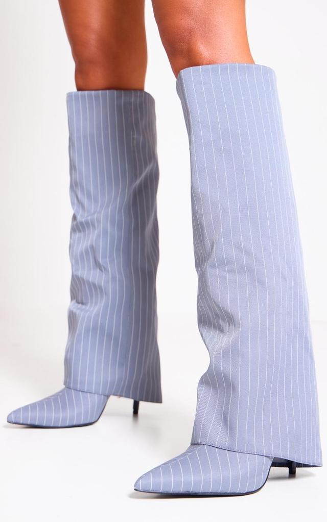 Grey Pinstripe Point Toe Fold Over Knee High Stiletto Heeled Boots Product Image