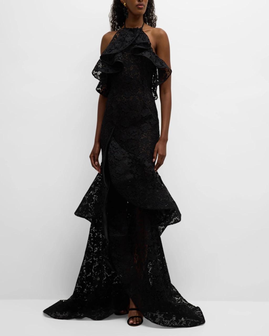 OSCAR DE LA RENTA Ruffled Gardenia Guipure Gown In Black Product Image