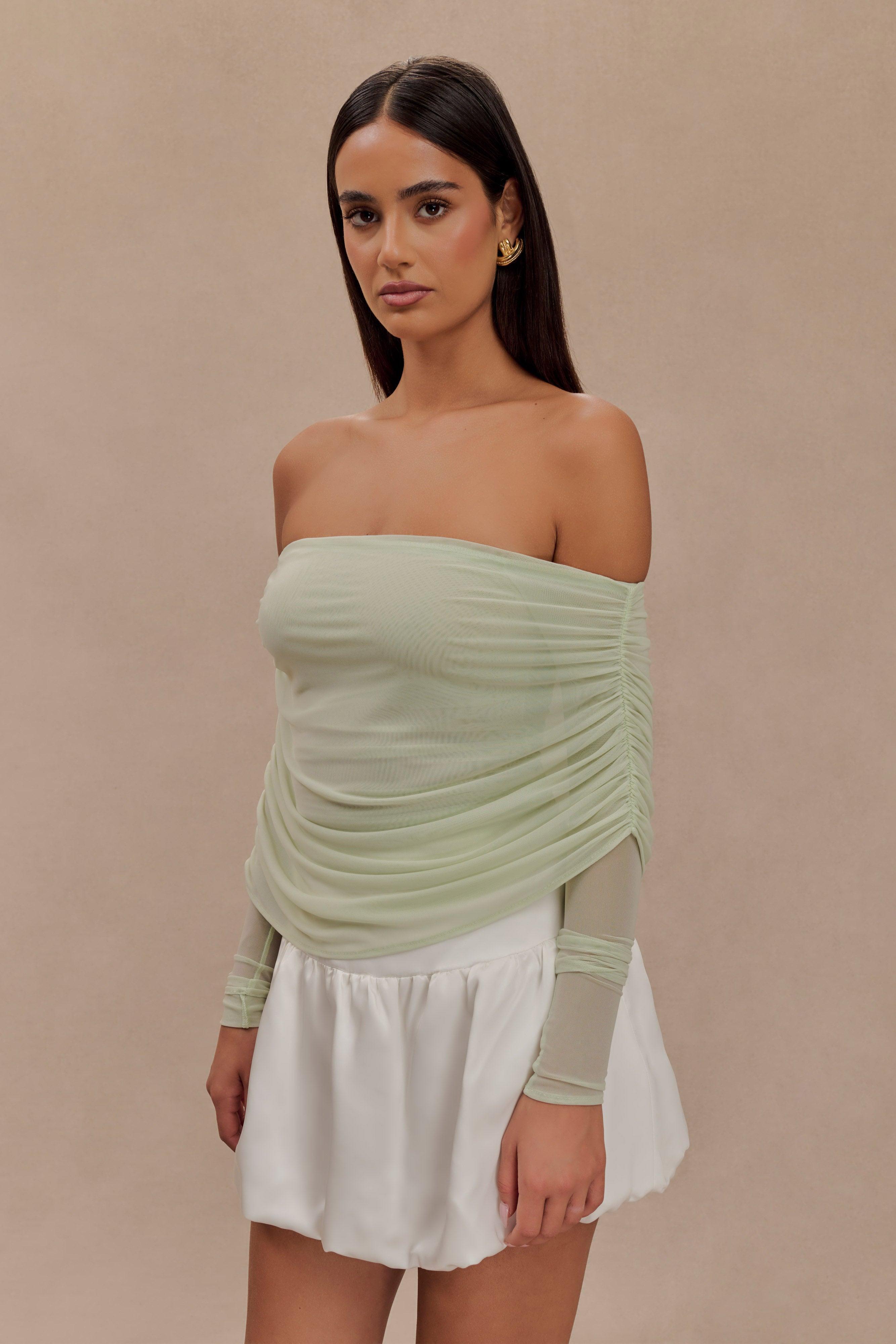 Everly Sheer Mesh Off Shoulder Top - Pastel Green Product Image