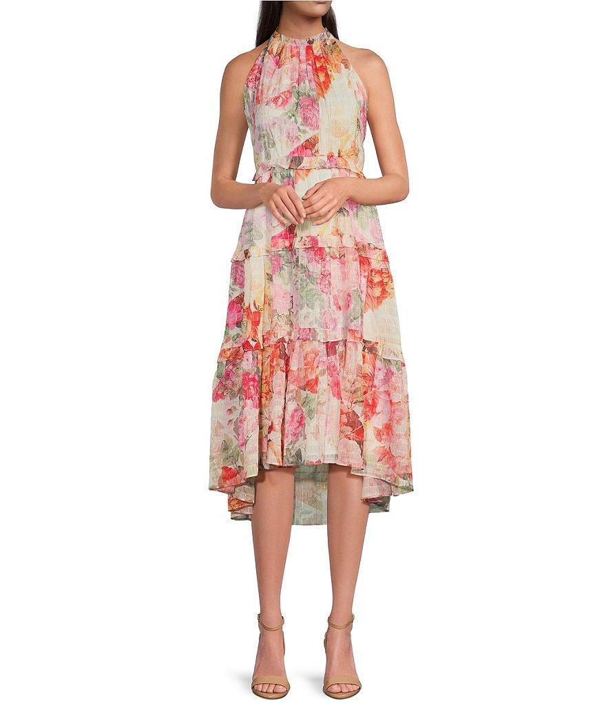 Vince Camuto Chiffon Lurex Floral Print Halter Neck Sleeveless Side Pocket High-Low Tiered A-Line Midi Dress Product Image