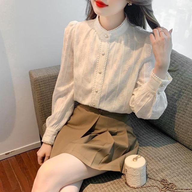 Long-Sleeve Stand Collar Lace Blouse Product Image