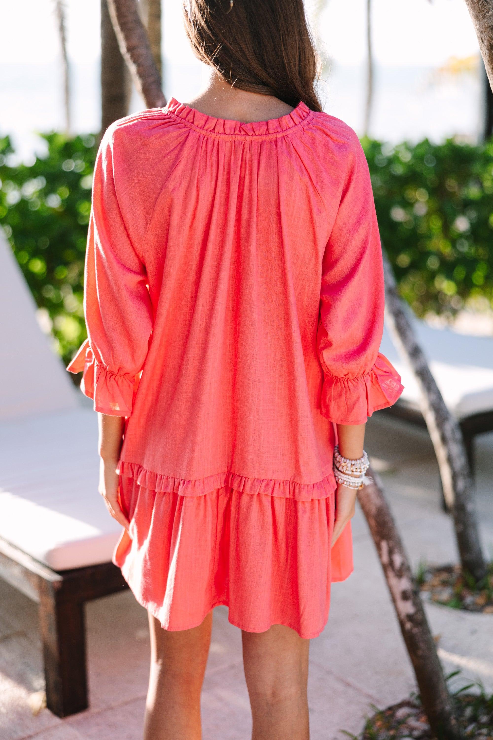 Always In The Lead Coral Orange Linen Dress Female Product Image