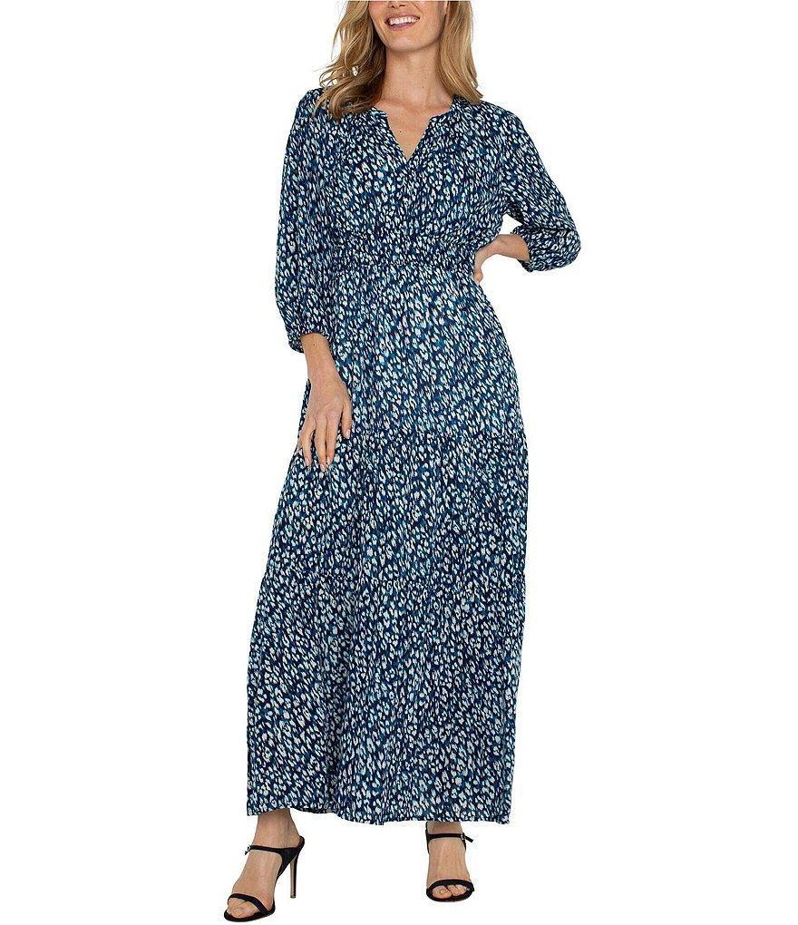 Liverpool Los Angeles Split Crew Neckline 3/4 Puff Sleeve Maxi Dress Product Image