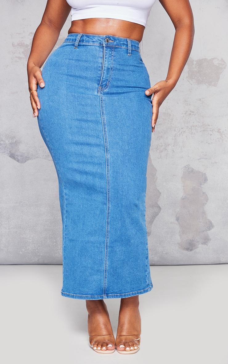 Shape Mid Blue Wash Denim Disco Midaxi Skirt Product Image