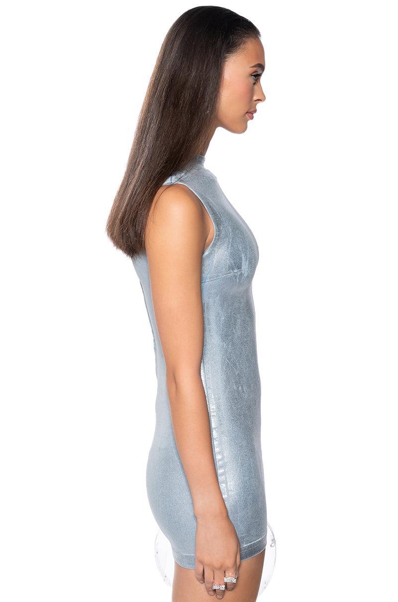 INTO THE NIGHT DENIM BODYCON MINI DRESS IN SILVER Product Image