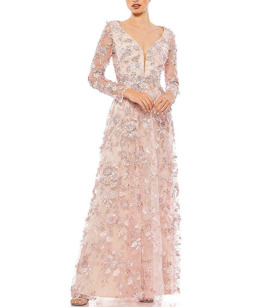 Mac Duggal Floral Applique Split V-Neck Illusion Long Sleeve Gown Product Image