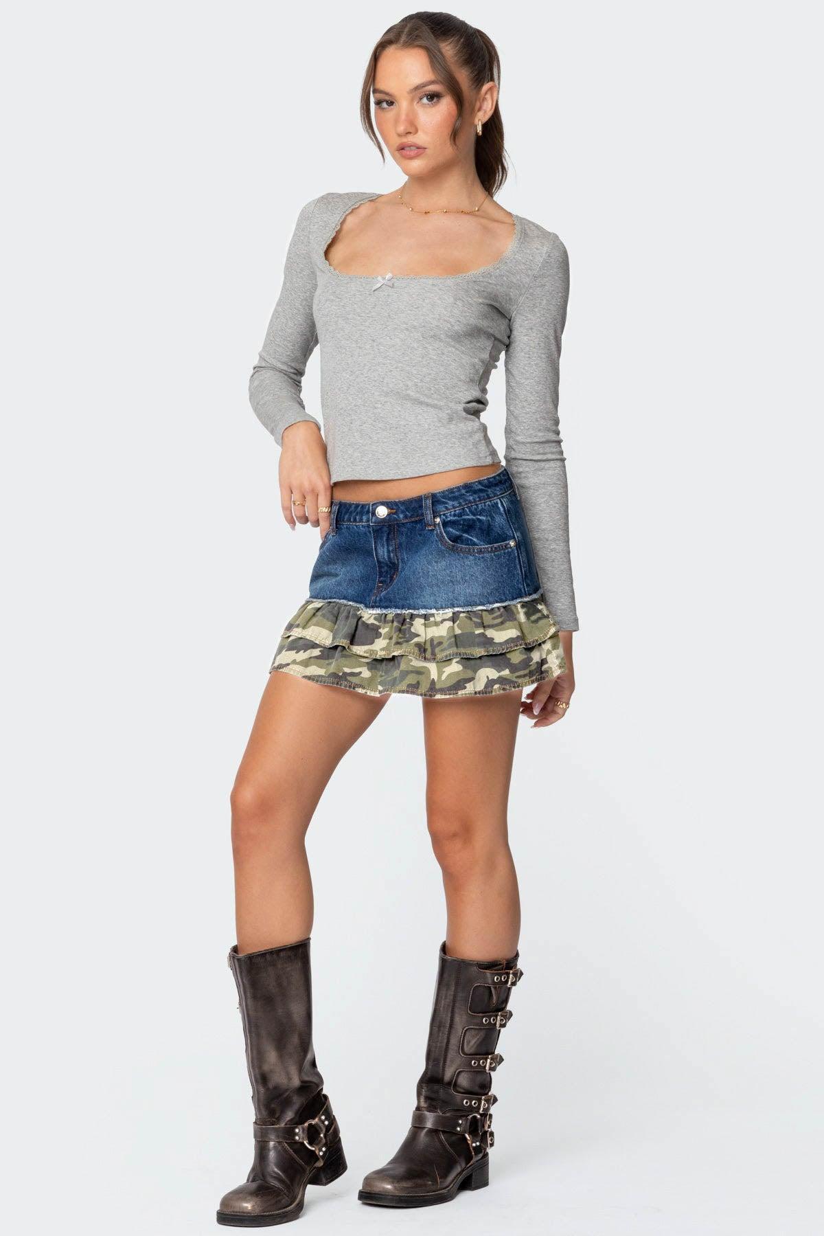 Camo Ruffle Denim Mini Skirt Product Image