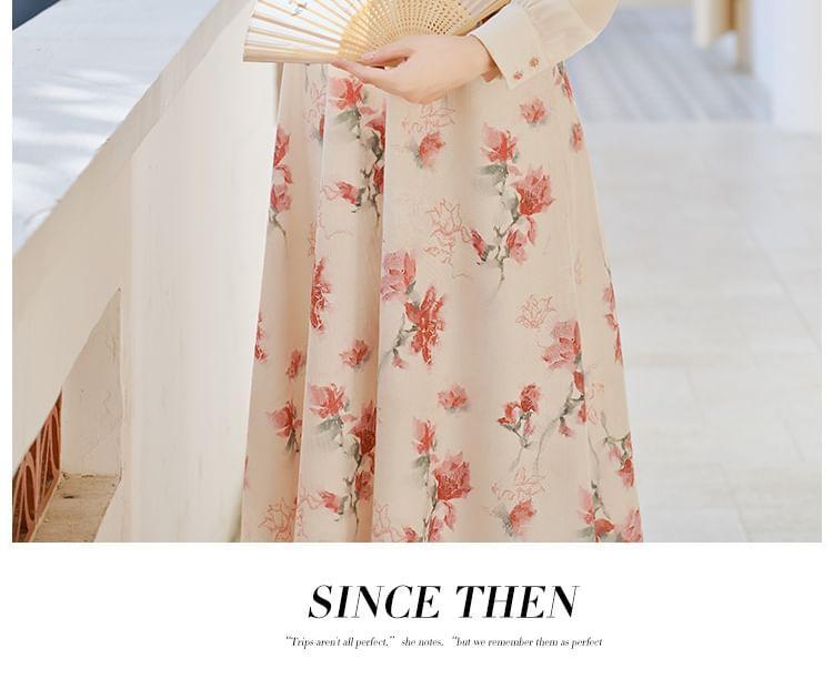 Mock Two-Piece Long-Sleeve Floral Print Midi A-Line Dress Product Image